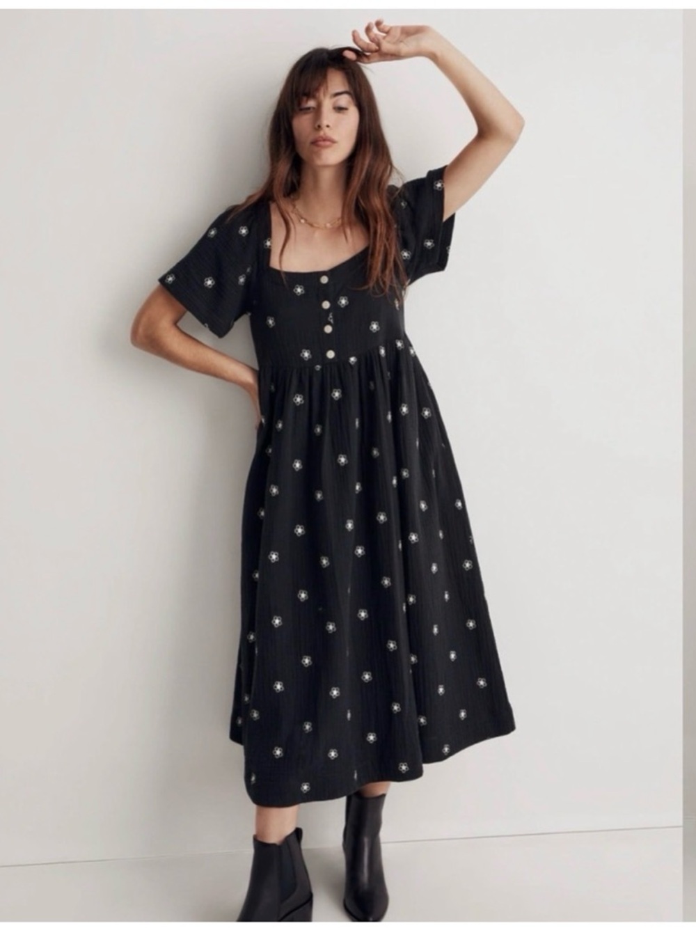 Madewell Black Midi Dress with White Floral Dot Print